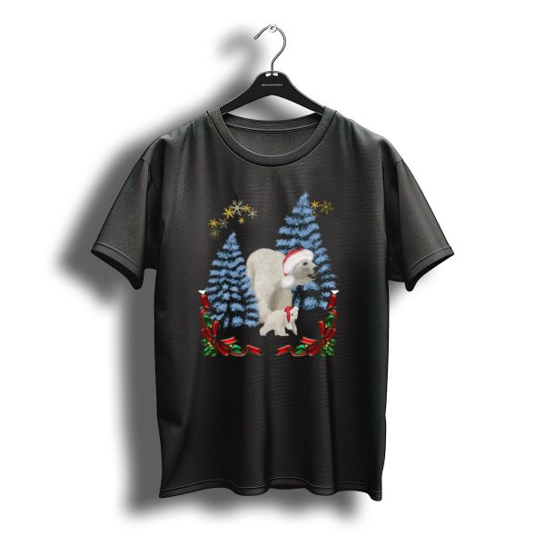 Christmas Polar Bear Mum And Baby In Santa Hats With Snowy Trees T Shirt t shirt 1
