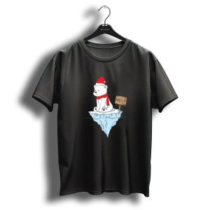 Christmas Polar Bear With Santa Hat And Help Sign On Ice Floe T Shirt