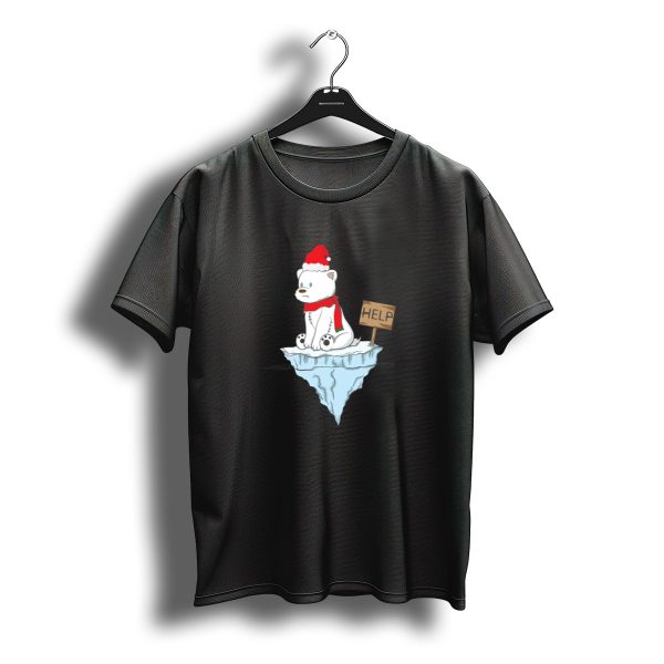 Christmas Polar Bear With Santa Hat And Help Sign On Ice Floe T Shirt t shirt 1
