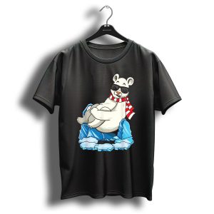 Christmas Polar Bear With Sunglasses On Ice Wearing Red And White Scarf T Shirt