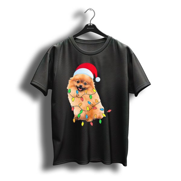 Christmas Pomeranian With Santa Hat And Holiday Lights T Shirt t shirt 1