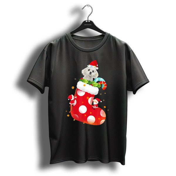 Christmas Poodle In Santa Hat With Red Stocking And Candy Cane T Shirt 1 t shirt 1