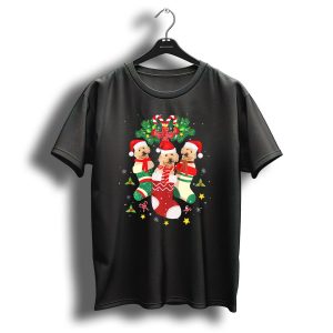 Christmas Poodle Puppies In Santa Socks With Candy Canes And Festive Wreath T Shirt