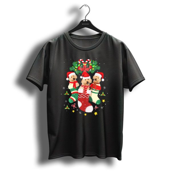 Christmas Poodle Puppies In Santa Socks With Candy Canes And Festive Wreath T Shirt 1 t shirt 1