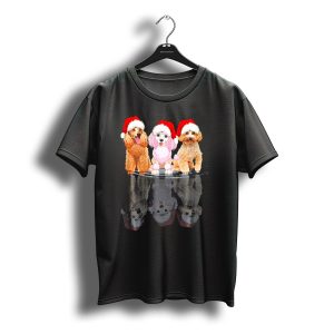 Christmas Poodle Trio Santa Hats Reflection T-Shirt