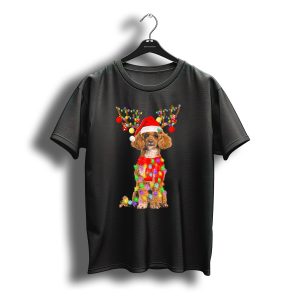 Christmas Poodle With Santa Hat And Reindeer Antlers Wrapped In Colorful Lights T-Shirt