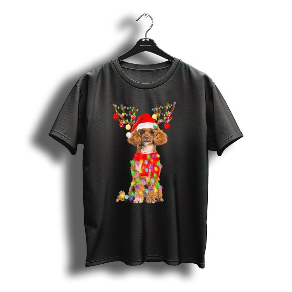 Christmas Poodle With Santa Hat And Reindeer Antlers Wrapped In Colorful Lights T Shirt t shirt 1