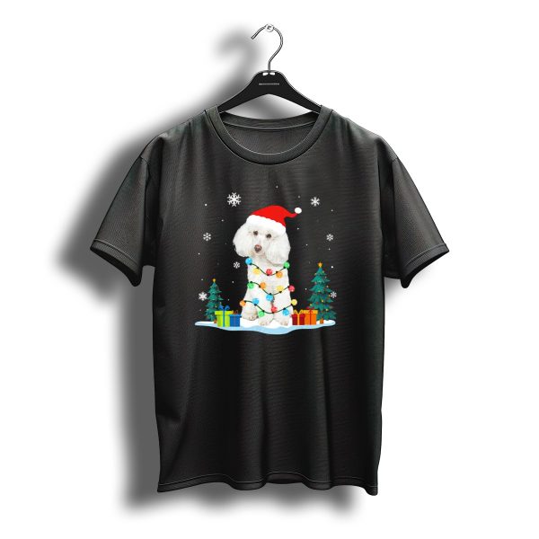 Christmas Poodle Wrapped In Colorful Lights With Santa Hat And Snowflakes T Shirt t shirt 1