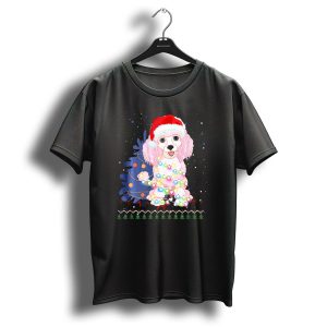 Christmas Poodle Wrapped In Lights With Santa Hat And Festive Tree T Shirt