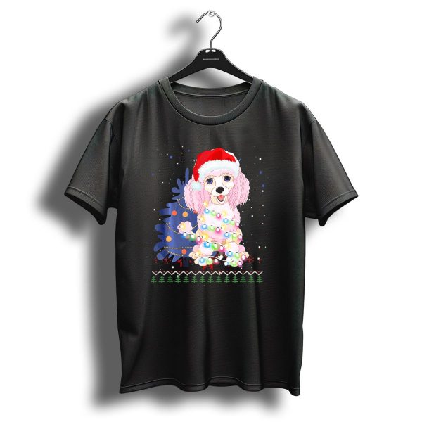 Christmas Poodle Wrapped In Lights With Santa Hat And Festive Tree T Shirt 1 t shirt 1