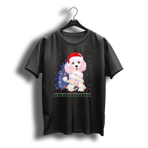 Christmas Poodle Wrapped In Lights With Santa Hat And Festive Tree T-Shirt