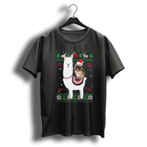 Christmas Pug Riding Llama With Santa Hat And Lights T Shirt