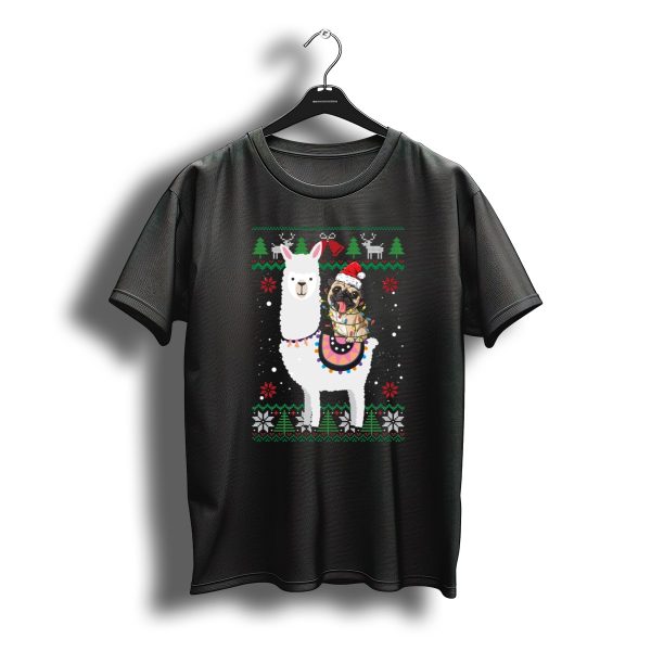 Christmas Pug Riding Llama With Santa Hat And Lights T Shirt t shirt 1