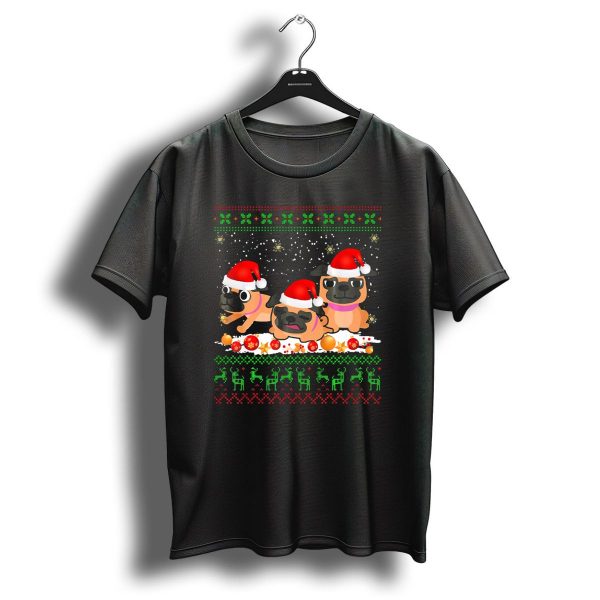 Christmas Pug Trio In Santa Hats Festive Lights And Reindeer T Shirt 1 t shirt 1