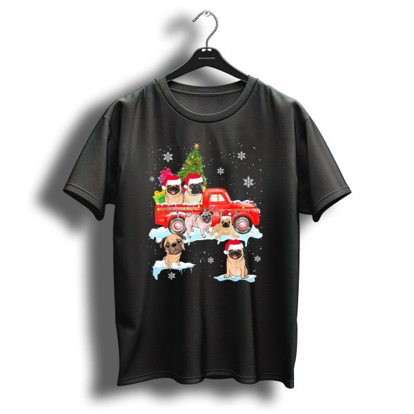 Christmas Pugs On Red Truck With Santa Hats And Snowflakes T Shirt 1 t shirt 1