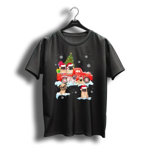 Christmas Pugs On Red Truck With Santa Hats And Snowflakes T-Shirt