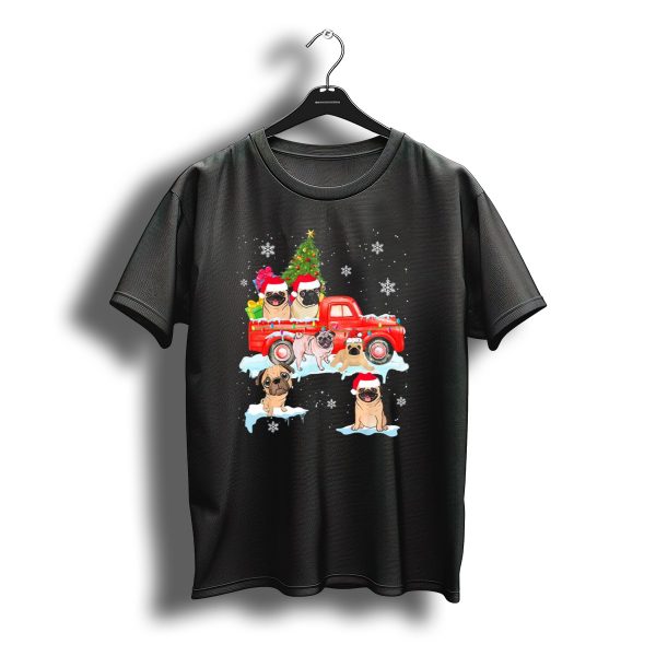 Christmas Pugs On Red Truck With Santa Hats And Snowflakes T Shirt t shirt 1