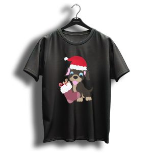 Christmas Puppy With Santa Hat And Stocking Filled With Treats T Shirt