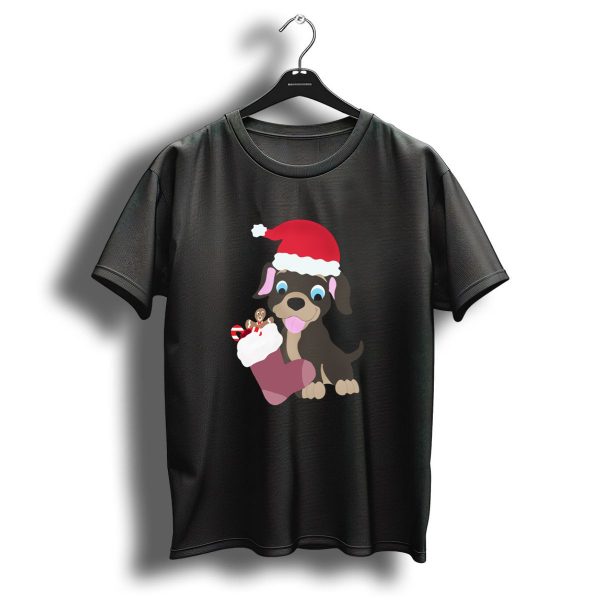 Christmas Puppy With Santa Hat And Stocking Filled With Treats T Shirt 1 t shirt 1