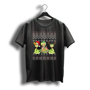 Christmas Python Snake Trio With Santa Hat And Reindeer Antlers T-Shirt