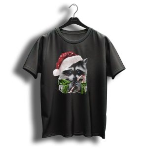 Christmas Raccoon In Santa Hat Holding Candy Cane T Shirt