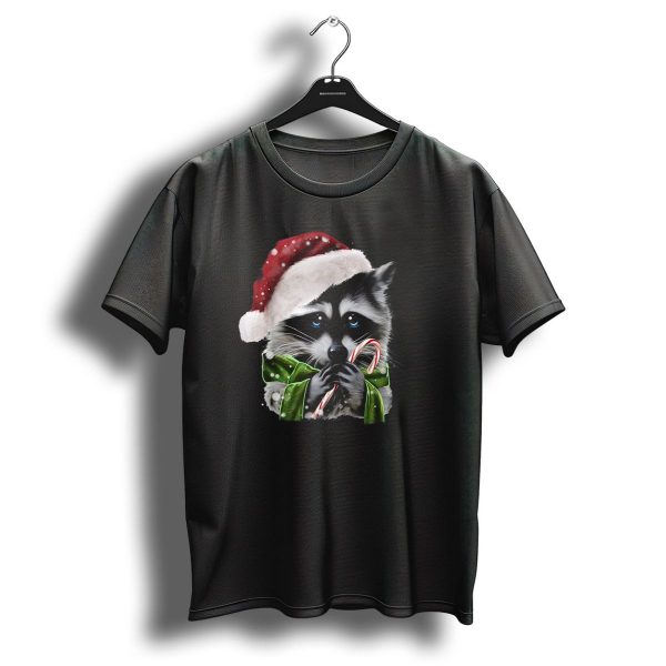 Christmas Raccoon In Santa Hat Holding Candy Cane T Shirt 1 t shirt 1