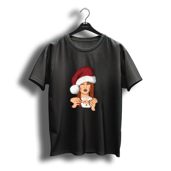 Christmas Red Hair Girl With Santa Hat And Santa Mug T Shirt t shirt 1