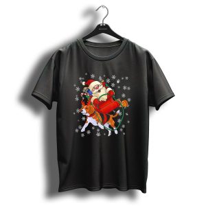 Christmas Reindeer Beagle Pulling Santa Sleigh With Snowflakes T Shirt