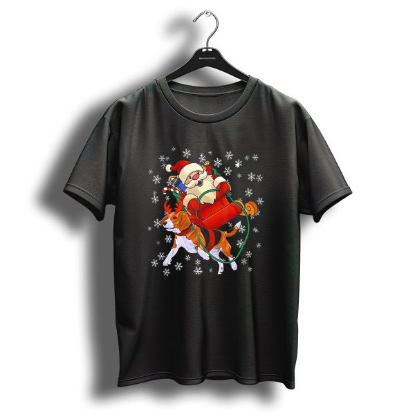 Christmas Reindeer Beagle Pulling Santa Sleigh With Snowflakes T Shirt 1 t shirt 1