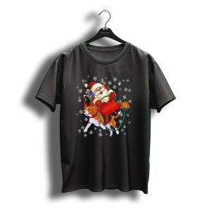 Christmas Reindeer Beagle Pulling Santa Sleigh With Snowflakes T-Shirt