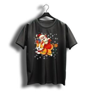 Christmas Reindeer Corgi With Santa And Snowflakes T-Shirt