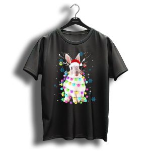 Christmas Reindeer Rabbit With Santa Hat And Festive Lights T Shirt