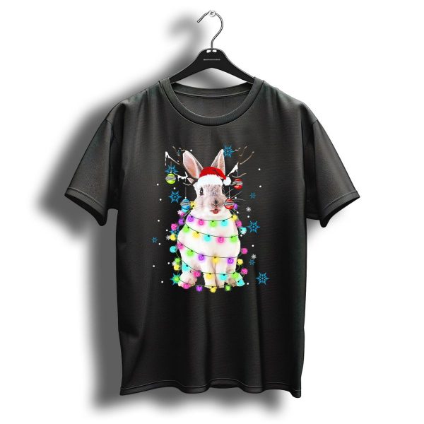 Christmas Reindeer Rabbit With Santa Hat And Festive Lights T Shirt 1 t shirt 1