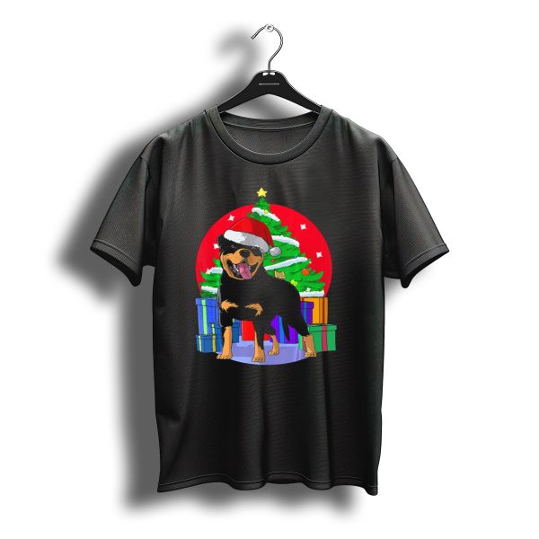 Christmas Rottweiler Santa Hat With Holiday Tree And Presents T Shirt t shirt 1