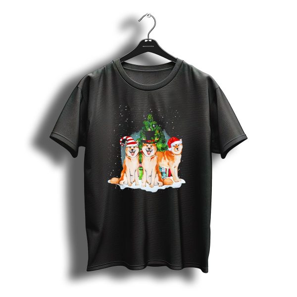 Christmas Santa Akita Inu Snowy Festive Scene With Hats And Tree T Shirt t shirt 1