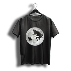 Christmas Santa Claus Dragon Sleigh Silhouette Flying Past The Moon T-Shirt