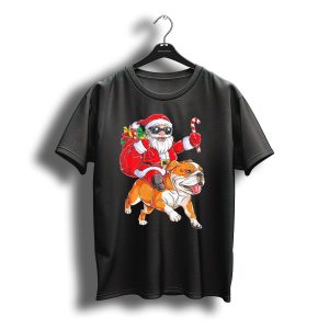 Christmas Santa Claus Riding English Bulldog With Gifts And Candy Cane T-Shirt