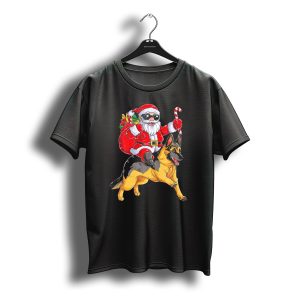 Christmas Santa Claus Riding German Shepherd With Candy Cane And Gifts T-Shirt