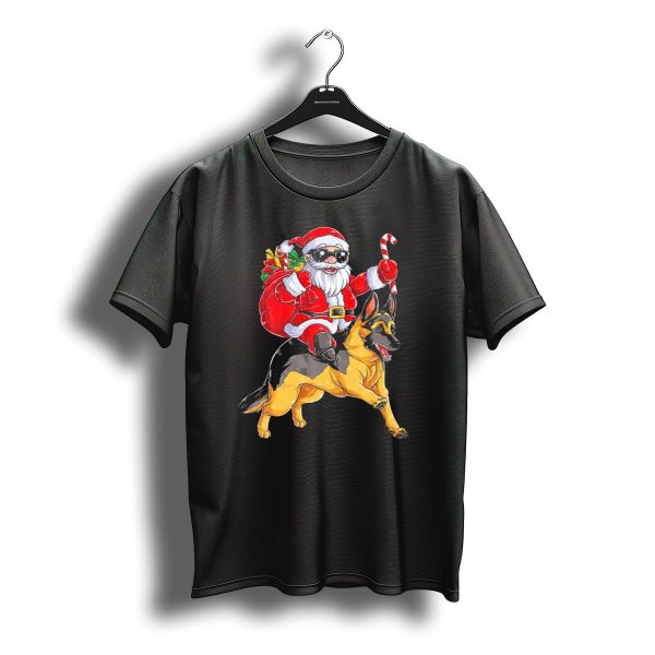 Christmas Santa Claus Riding German Shepherd With Candy Cane And Gifts T Shirt t shirt 1