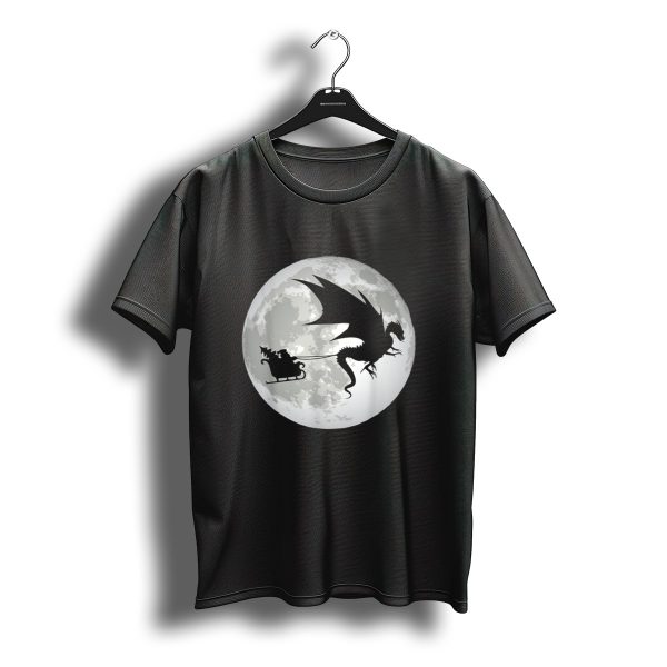Christmas Santa Claus Sleigh With Dragon Silhouette Against Full Moon T Shirt t shirt 1