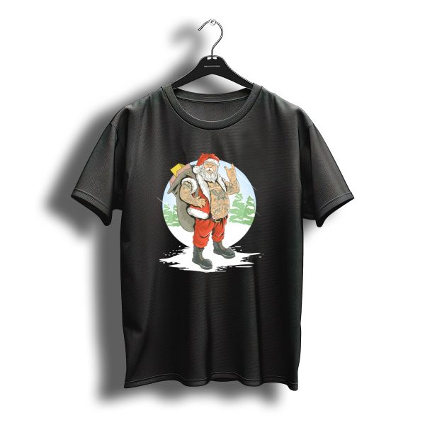 Christmas Santa Claus With Full Body Tattoo And Rock Hand Gesture T Shirt t shirt 1