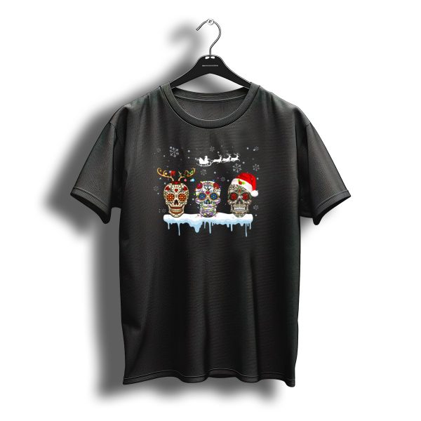 Christmas Santa Reindeer Three Mexican Flower Sugar Skulls T Shirt t shirt 1