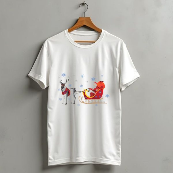Christmas Santa With Reindeer And Sleigh Surrounded By Snowflakes T Shirt 1 t shirt 1