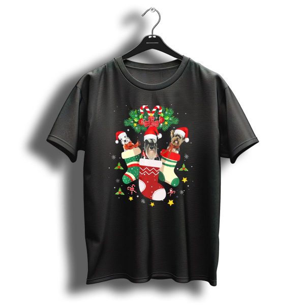 Christmas Schnauzer And Dogs In Festive Santa Hats And Stockings T Shirt 1 t shirt 1