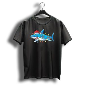 Christmas Shark With Santa Hat And Holiday Lights T Shirt