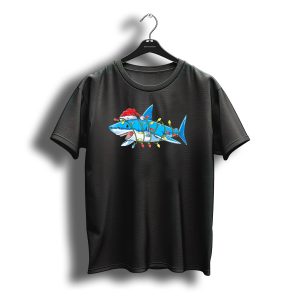 Christmas Shark With Santa Hat And Holiday Lights T-Shirt