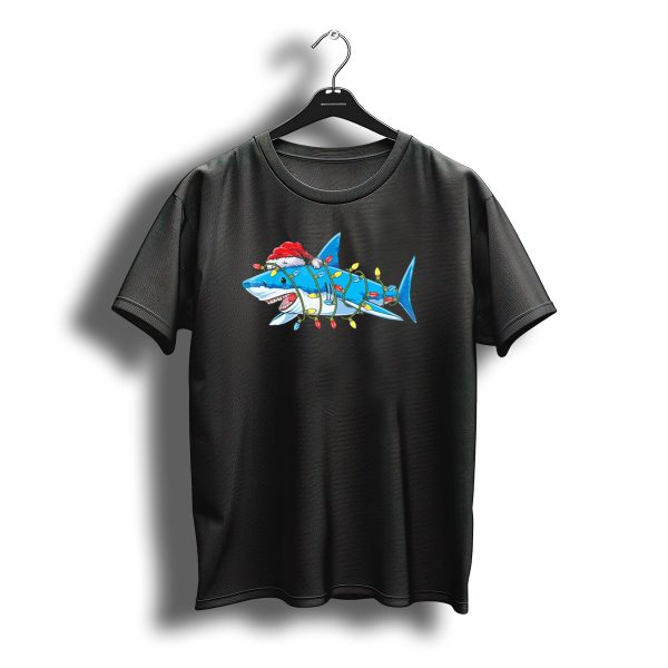 Christmas Shark With Santa Hat And Holiday Lights T Shirt t shirt 1