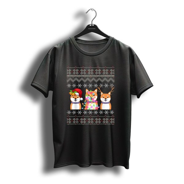 Christmas Shiba Inu Santa Hat Reindeer Antlers Festive Lights Trio T Shirt t shirt 1