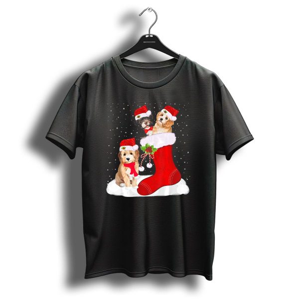 Christmas Shih Tzu Puppies In Santa Hats And Stocking T Shirt 1 t shirt 1