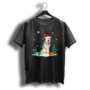 Christmas Siberian Husky With Santa Hat Lights Trees And Snowflakes T Shirt